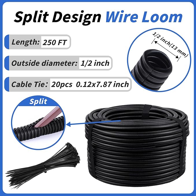 250FT Split Wire Loom Tubing, 1/2 Inch Wire Protector Tubing, Automotive Wire Flexible Conduit Cord Covers with 20 Cable Ties for Automotive Marine RV Agriculture Electrical Cable Protection