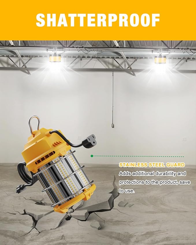 LED Temporary Work Light 100W 5000K 13,000lm, JC-LGL Outdoor Construction Lights Job Site Lighting 10ft Cord Dust Waterproof Hanging Lightin