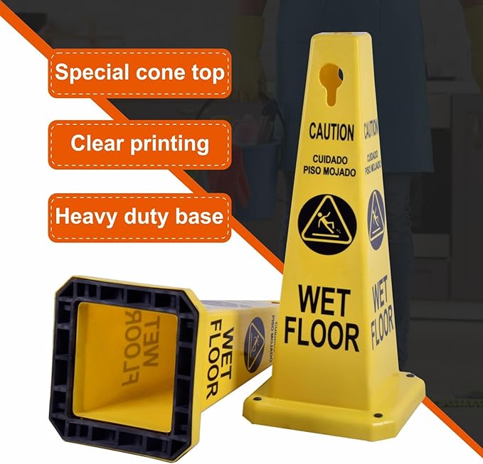 26.5" Caution Cones, 4-Sided Visible Safety Signs with Heavy Rubber Base, Warning for Slip & Fall Prevention, Indoor/Outdoor Use (8, Wet Floor Caution-Yellow, 26.5 inch)