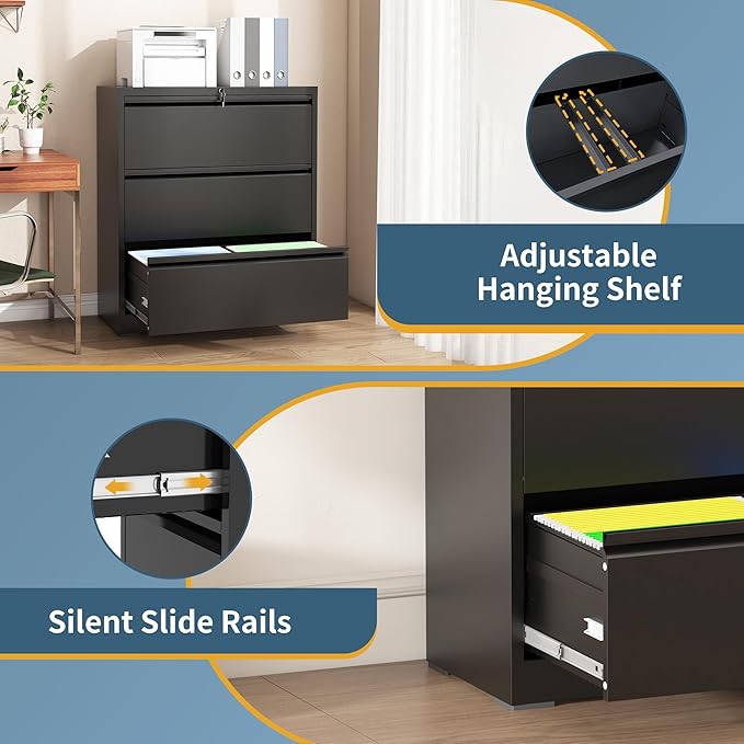 3 Drawer File Cabinet with Lock, Lateral Filing Cabinets,Metal Storage Filing Cabinets for Home Office, Heavy Duty File Cabinet for Letter/Legal/A4/F4 Size Amssebly Required, Black