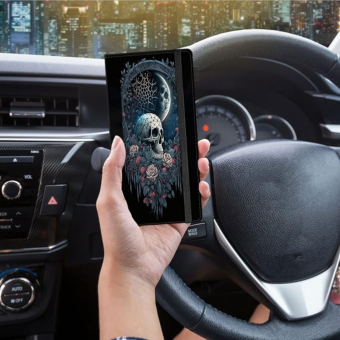 Car Registration and Insurance Holder,Leather Vehicle Glove Box Organizer Wallet for Document,Perfect for any Car,Truck,Motorcycle,Driver License,Trailer or Boat,Men & Women,Skull Roses Floral Moon