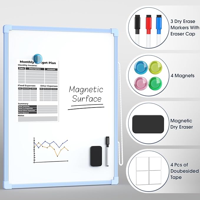 MaxGear Double-Sided Dry Erase Board for Wall, 16"x12" Hanging Whiteboard, Small Dry Erase White Board kit, Portable Whiteboard for Planning, Drawing, Memo, to Do List, Blue Frame
