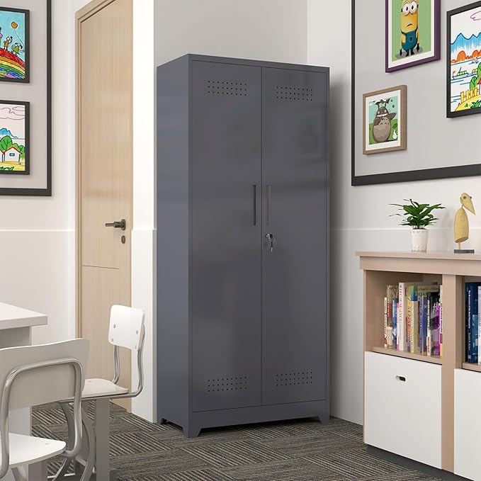 GREATMEET 72.8" H Utility Closet, Broom Closet Storage Cabinet with Adjustable Shelves and Pegboard, Utility Cabinet for Brooms and Mops, Grey