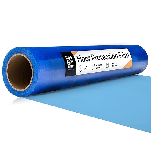 Floor Protection Film, 24 inch x 200' roll, Made in USA, Blue Self Adhesive Floor Protector for Moving and Construction, Temporary Covering for Protection of Hardwood, Tile, Other Hard Surfaces