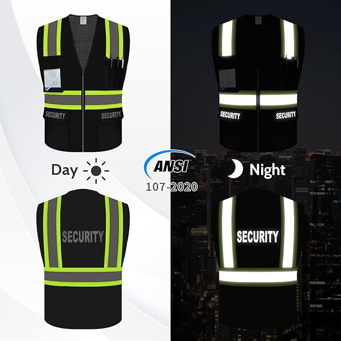 Security Vest for Security Guard, Hi Vis Mesh Vest with Pockets, High Visibility Safety Vest with Reflective Strips, ANSI Compliant, Black, M
