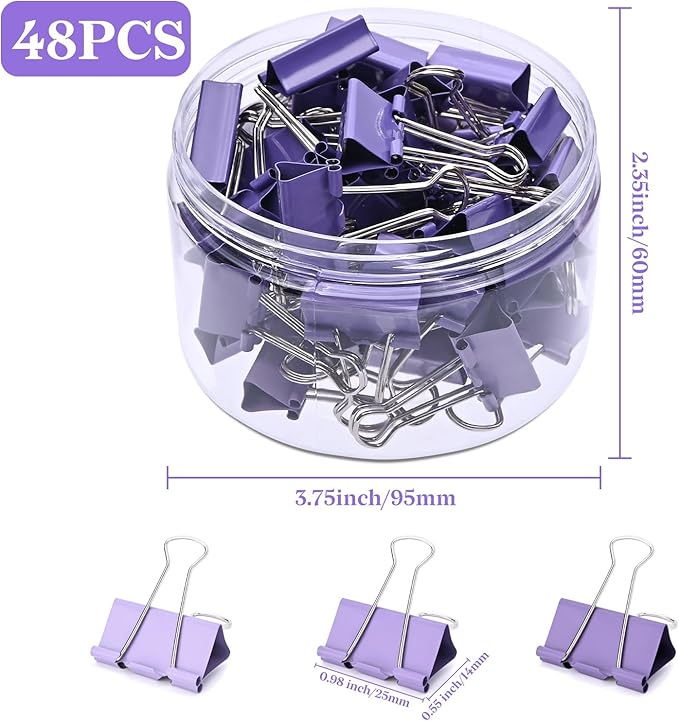 Temiary Aesthetic Binder Clips, 48 Pcs 0.98 Inches Small Metal Binder Clip with Clear Storage Container, Binding Paperwork Clamps for School Teachers Office Supplies (Purple)