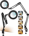 10X Magnifying Glass with Light and Clamp, Ultra Long 3 Section Swing Arm LED Desk Lamp, 5 Color Modes Stepless Dimmable, Hands Free Lighted Magnifier with Stand for Repair Reading Crafting Close Work