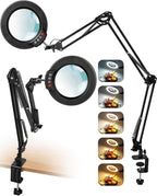 10X Magnifying Glass with Light and Clamp, Ultra Long 3 Section Swing Arm LED Desk Lamp, 5 Color Modes Stepless Dimmable, Hands Free Lighted Magnifier with Stand for Repair Reading Crafting Close Work