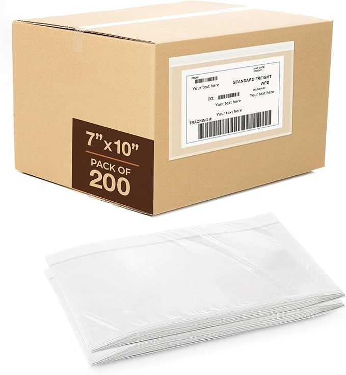 7x10 Shipping Label Sleeves 200 Pack- Strong Adhesive Back for Secure Package Labelling, Protects Documents with Packing Slip Pouches -Packing Sleeves for Mailing and Packaging -WaterProof and Durable