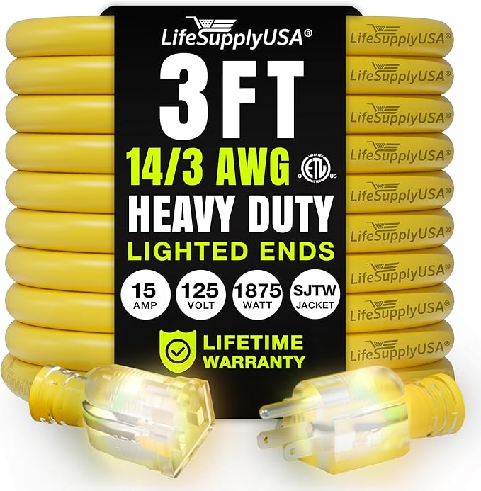 3ft Outdoor/Indoor Extension Cord 14/3 Gauge Heavy Duty 3 Prong SJTW, Waterproof, ETL Listed, Flexible Cold-Resistant Long Power Cord,15A 125V 1875W, Yellow by LifeSupplyUSA