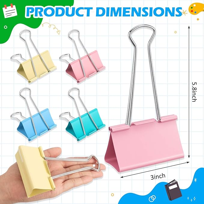 24 Pack 4 Color 3 Inch Jumbo Binder Clips, Extra Large Binder Clips Heavy Duty Paper Clamps for Office and Home Supplies
