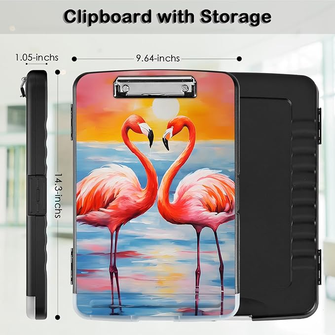 Clipboard with Storage,Office Supplies Nursing Clipboards Folder with Pen Holder Plastic Storage ClipBoard Foldable for Teacher Nurse,Sunset Flamingo