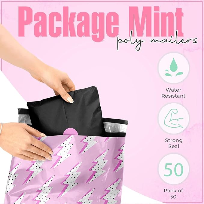 10x13 Poly Mailers – Lightning Bolt – Waterproof, Tear-Resistant Shipping Bags with Adhesive Seal – 50 Pack – Package Mint