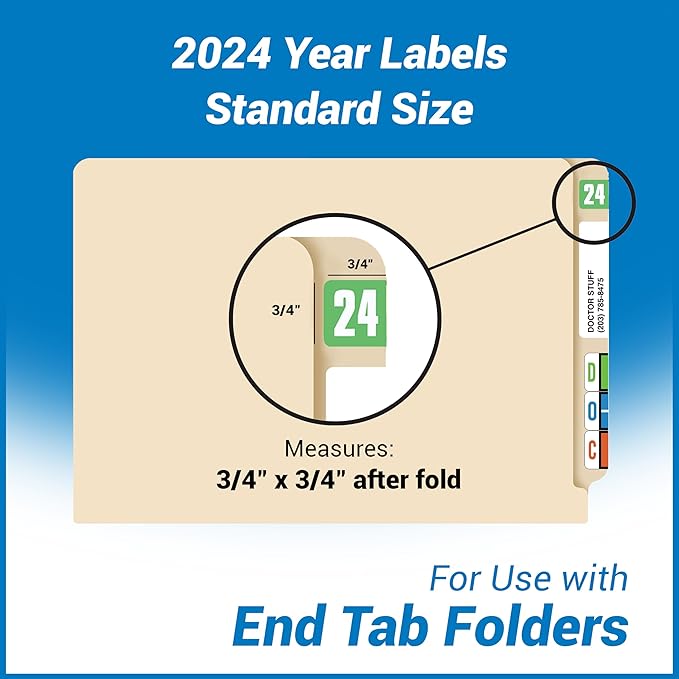 2024 Year Labels, Doctor Stuff 2024 Chart Stickers, Light Green Color Coded, Safeguard Style, USA Made Year Stickers for End Tab File Folders, 500/Roll, 1 Roll, 3/4" x 1-1/2"