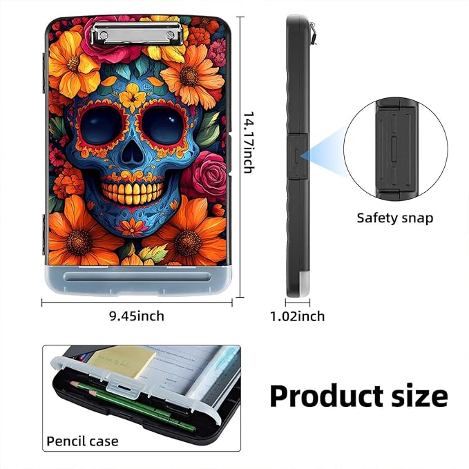 Clipboard with Storage Box & Pen Holder,Heavy Duty Clip Boards 8.5x11 for Nursing,High Capacity,School & Office Supplies,Floral Skull