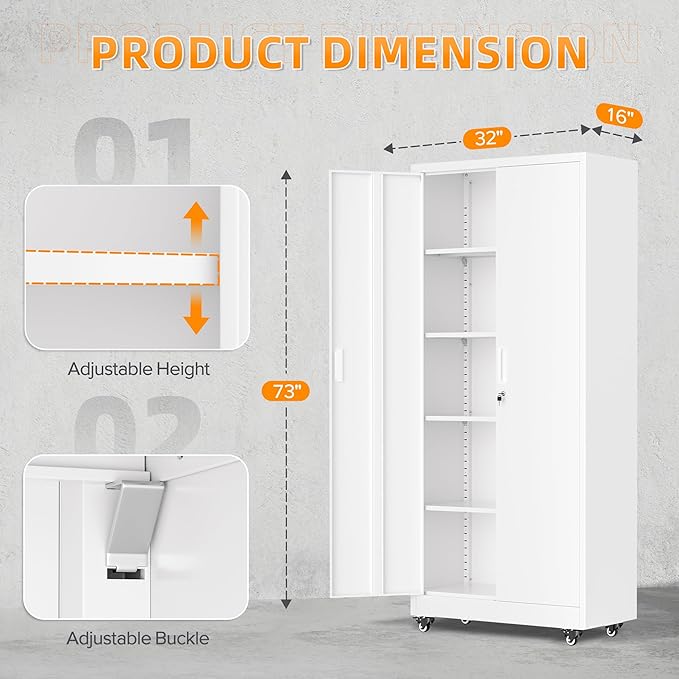 Superday Garage Storage Cabinet with Wheels，73" H Metal Storage Cabinet with Doors and Adjustable Shelves, Lockable Steel Utility Tool Cabinets for Garage, Home Office, Kitchen(White)