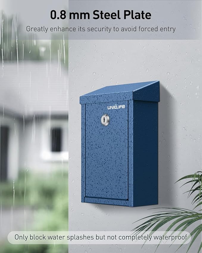 Uniclife Key Drop Box for Outside, Blue Metal Donation Box Collection Boxes with Key Lock, Safe Suggestion Boxes, Wall Mounted Mailbox with Top Slot, Steel Cash Drop Chest for Office Business