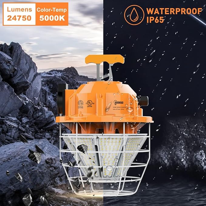 150W LED Temporary Work Light Fixture 24750 Lumen Daylight White 5000K IP65 Dust & Waterproof Stainless Steel Protective Cover for High Bay Construction Jobsite Workshop (150)