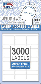 Perfect Peel Printable Address Labels (3,000 Labels), 1" x 2-5/8" Customizable Stickers, White, Blank, Great for mailing, Shipping, and More (Compatible with 5160) (8.5x11, 100, Count)