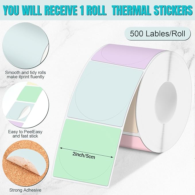 Ctosree 500 Pcs/ 1 Roll Thermal Sticker Labels Self Adhesive Direct Thermal Labels Multipurpose Printer Stickers for DIY, Name Tag(Round,2 Inches,Macaron Gradient Color)