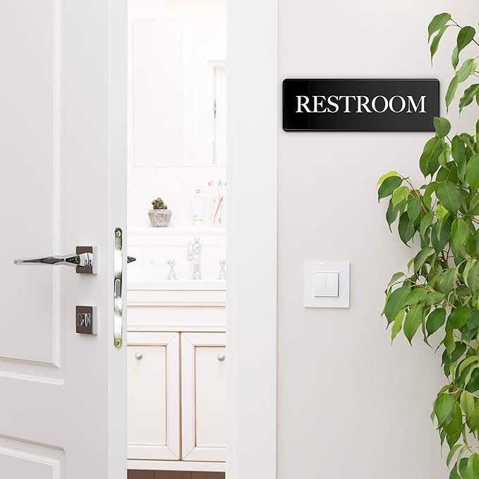 ASSURED SIGNS Restroom Sign - Ideal Bathroom Signs for the Office, Business or Home - 10 Pack - 9" by 3" - Apply to Door or Wall - Nice Bathroom Decor - Strong Double-Sided Adhesives