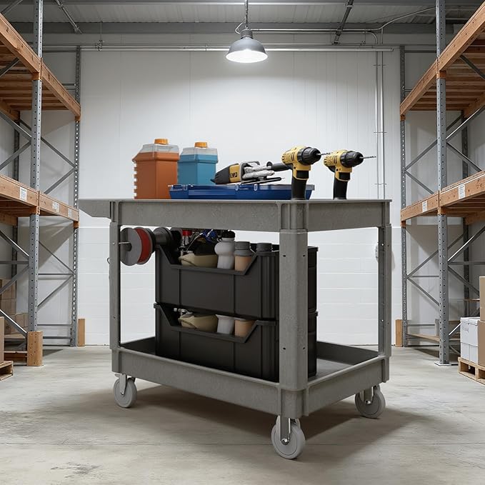 2-Tier Rolling Tool Cart,Heavy-Duty Plastic Service Cart with Lipped Shelves,550 lbs Capacity Utility Cart,46 x 26 Inch Rolling Work Carts for Garage,Salon,Kitchen,Office-Gray