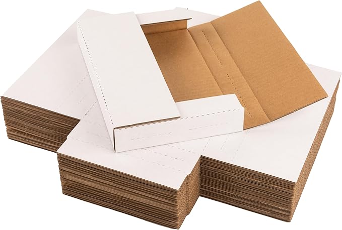 50 Pack 9x6x1.3 inch Mailing Boxes, Multi-Depth CD DVD Corrugated Cardboard Boxes with Fragile Stickers for Shipping, Storing, Package, Business or Home, White