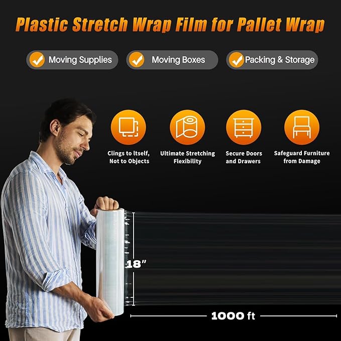 18 inch Stretch Film Shrink Wrap for Moving Supplies, 2 Pack Industrial Strength Stretch Plastic Wrap Roll for Pallet Wrapping Shipping Moving Boxes Storage Furniture,1000ft, Clear