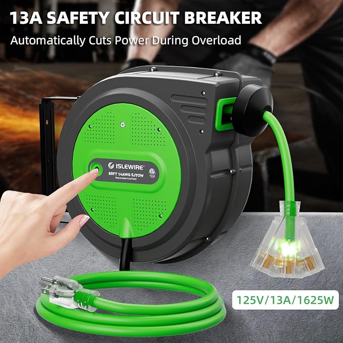 80FT Retractable Extension Cord Reel, 14 AWG/3C SJTOW Heavy Duty Power Cord with Lighted Triple Outlet, 13A Circuit Breaker, 180° Swivel Wall/Ceiling Mount Retractable Cord Reel, ETL Listed, Green