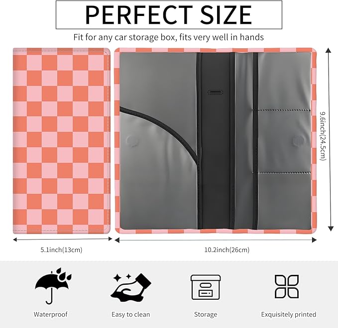 Premium Car Registration and Insurance Card Holder, Cute PU Leather Car Document Holder, Vehicle Glove Box Car Organizer with Magnetic Closure for Driver License, Cards Red Checkerboard