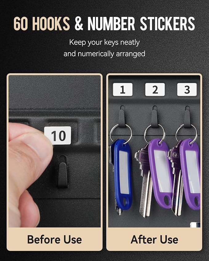 Uniclife 60 Position Key Cabinet with Key Lock Wall Mounted Black Security Storage Box Steel Key Organizer with Colorful Key Tag Labels Stickers and Hooks