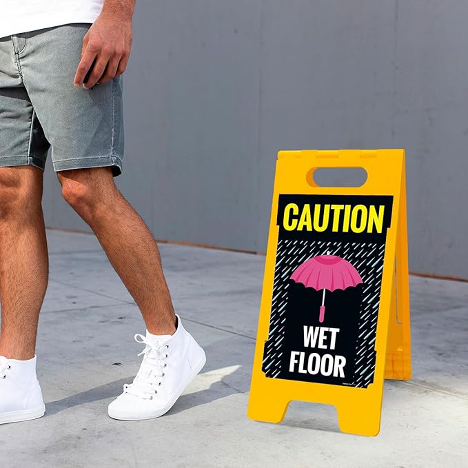 Caution Wet Floor Umbrella Sidewalk Sign Kit, 10x16 Inches, with A Frame Stand, Made in USA