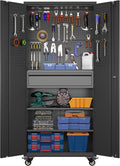 Metal Storage Cabinet with Drawers, Locking Garage Tool Cabinets on Wheels with Pegboards and Hooks for Warehouse Homes, Offices, Assembly Required(Black)