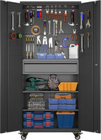 Metal Storage Cabinet with Drawers, Locking Garage Tool Cabinets on Wheels with Pegboards and Hooks for Warehouse Homes, Offices, Assembly Required(Black)