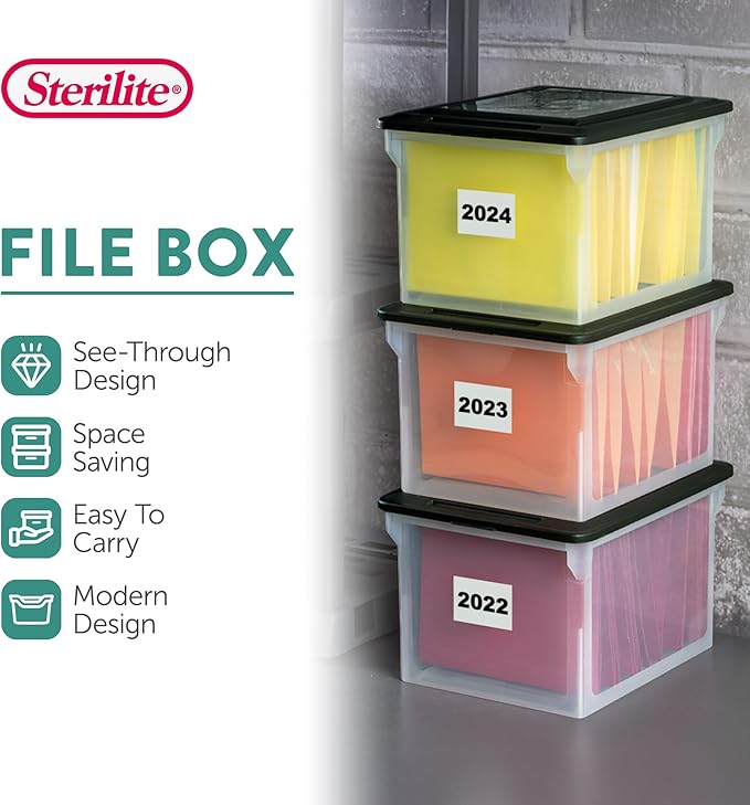 Sterilite 8 Pack File Box Organizer Storage Tote, Clear Bankers Box with Black Lid