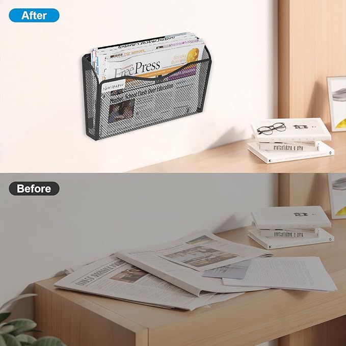 Magnetic Wall File Holder 3-Pack - Mesh Organizer with Strong Magnets for Office, Home & School - Space Saving Black Document Organizer