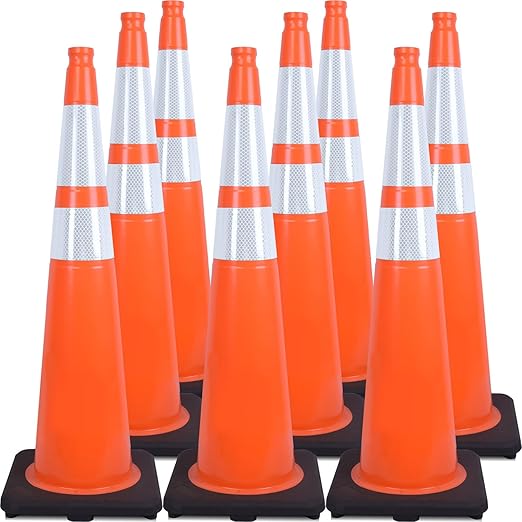 Fluorescent Orange/Green PVC Traffic Cones, Heavy Black Base Parking Lot Cone Structurally Stable Weatherproof Road Construction Safety Cones (8, Orange, 36" Extra Large)
