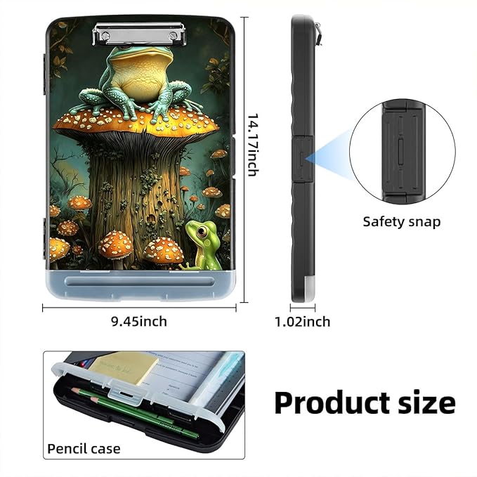Clipboard with Storage Box & Pen Holder,Heavy Duty Clip Boards 8.5x11 for Nursing,High Capacity,School & Office Supplies,Frog Mushroom Forest