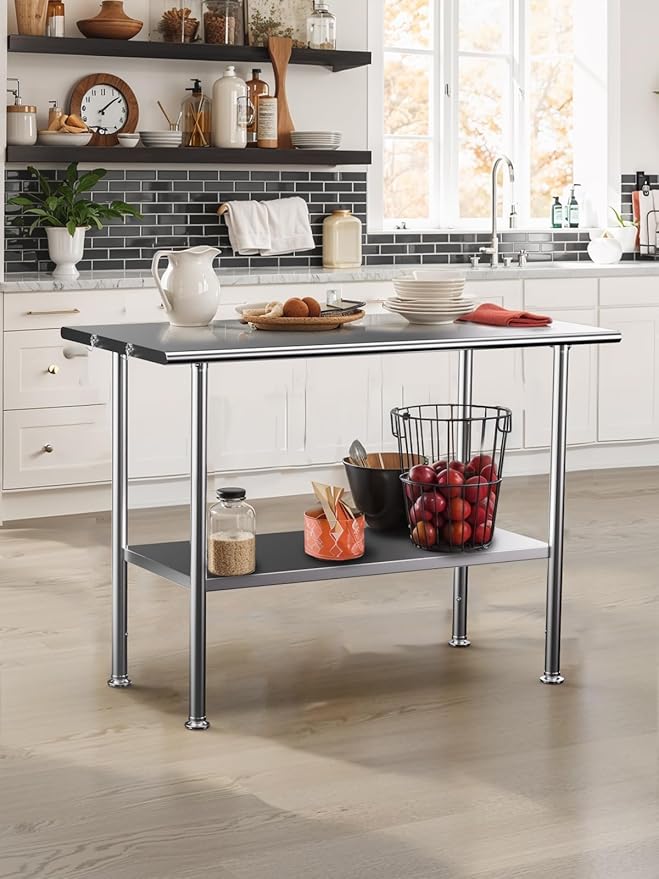 All-Stainless Steel Prep Table, 30 X 48 Inch, with Rounded-Edges and Adjustable Undershelf, Heavy-Duty Build for Outdoor Use,Restaurants,Hotels,Workshops,Kitchens,Gardens, and Garages