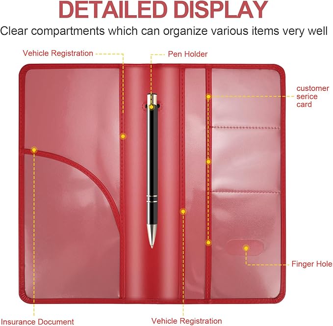 Car Registration and Insurance Card Holder, Leather License Document Red Glove Box Compartment Organizer, Car Wallet Case for Essential Info, License Cards, ID Card