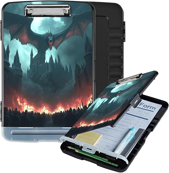 Clipboard with Storage Box & Pen Holder,Heavy Duty Clip Boards 8.5x11 for Nursing,High Capacity,School & Office Supplies,Dragon Castle Fire