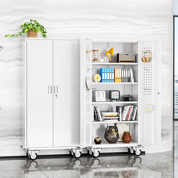INTERGREAT Rolling Metal Cabinet with Wheels,72" Locking Storage Cabinet with Adjustable Shelves,Large Capacity Pulley Cabinets for Home Office,School,Garage(White)