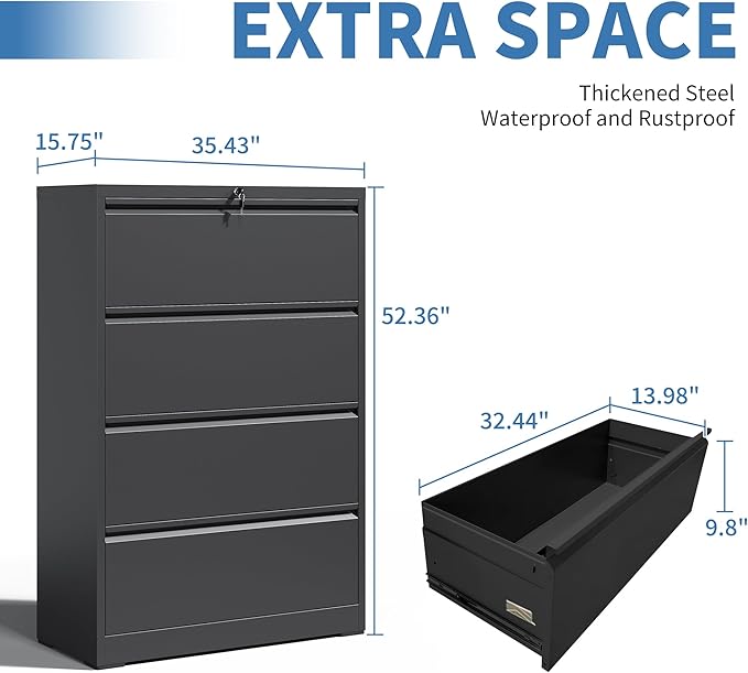 File Cabinets 4 Drawer,Metal Office Storage Filing Cabinet with Lock,Black Lateral Filing Cabinet for Home Office,Horizontal Locking File Cabinet for Legal/Letter/A4 Files,Assembly Required