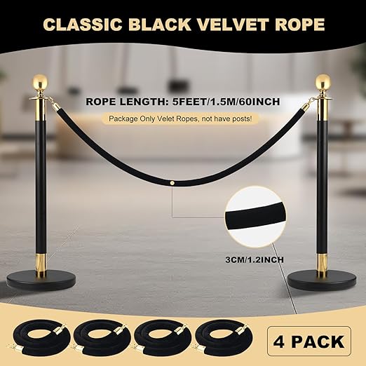 Velvet Stanchion Rope, 5 Feet Crowd Control Stanchion Ropes Safety Barrier with Gold Plated Hook for Carpet Events Movie Theaters Grand Openings Hotels Party(Black) (4)