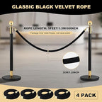 Velvet Stanchion Rope, 5 Feet Crowd Control Stanchion Ropes Safety Barrier with Gold Plated Hook for Carpet Events Movie Theaters Grand Openings Hotels Party(Black) (4)