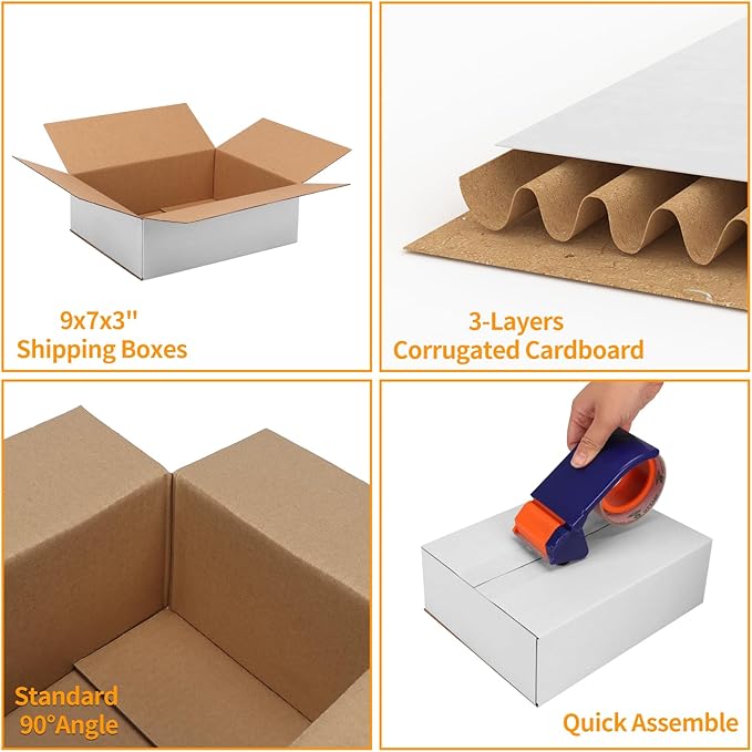 9x7x3 Shipping Boxes Set of 30, White Corrugated Cardboard Box for Mailing Business Packaging
