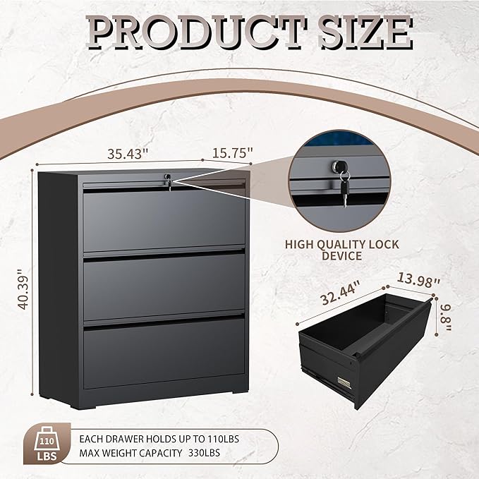 3 Drawer Lateral File Cabinet with Lock, Lateral File Cabinets for Home Office, Metal File Cabinet, Heavy Duty File Storage Cabinet for Legal/Letter/A4 Document, Assembly Required, Black