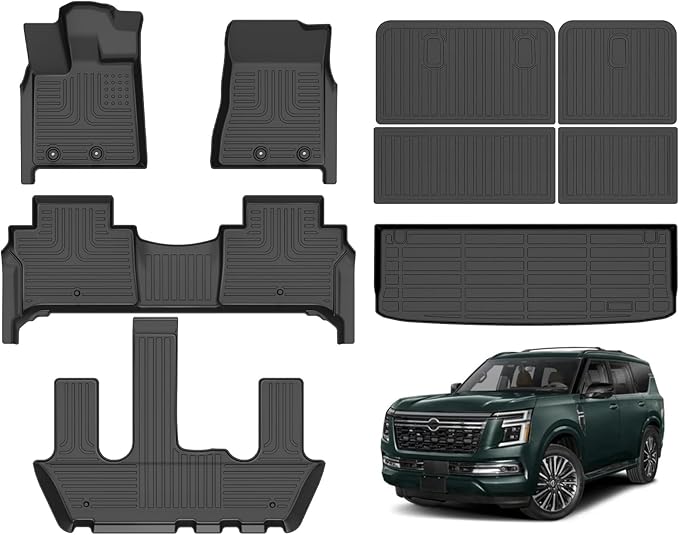 Hutisya-Floor Mats & Cargo Liner with Backrest Set Fit for Nissan Armada 7 Seats 2025 All Weather Protection Anti-Slip & Durable TPE Full Set Liners Automotive Accessories-Black