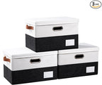 PRANDOM Foldable Storage Bins with Lids [3-Pack] Fabric Collapsible Storage Boxes Baskets Cubes Containers with Handles for Closet Living Room Bedroom (Black & White 14.9x9.8x9.8'')