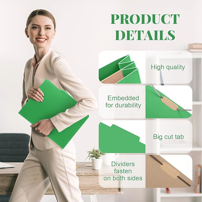 Skyygemm 12 Pack Classification Folders Letter Size Bulk with Divider and 2" Expansion, Pressboard Folder with 2 Prong Fasteners for Teachers, Clergy, Office, Church, Christmas Donations(Green)